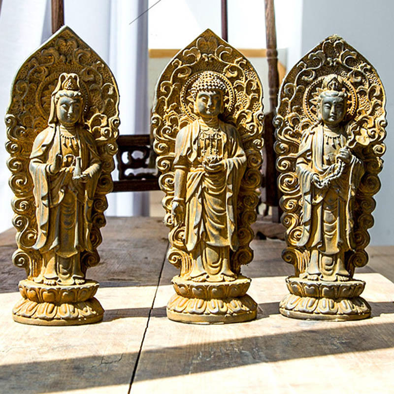 Buddha Stones Handmade Amitabha Guanyin Avalokitesvara Mahasthamaprapta Iron Powder Rust Cast Resin Statue Decoration - image 19