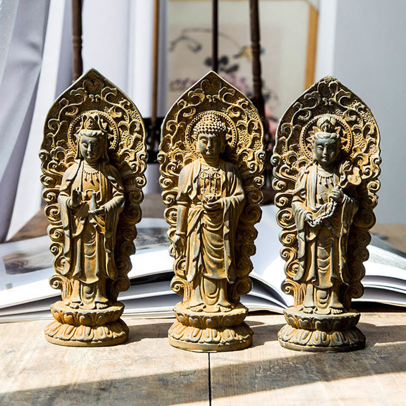 Buddha Stones Handmade Amitabha Guanyin Avalokitesvara Mahasthamaprapta Iron Powder Rust Cast Resin Statue Decoration - image 1