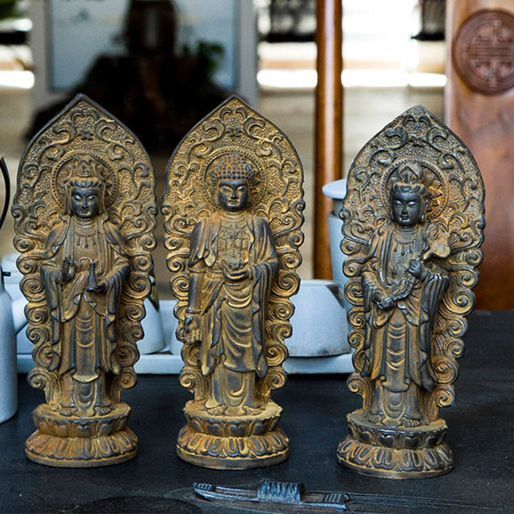 Buddha Stones Handmade Amitabha Guanyin Avalokitesvara Mahasthamaprapta Iron Powder Rust Cast Resin Statue Decoration - image 20