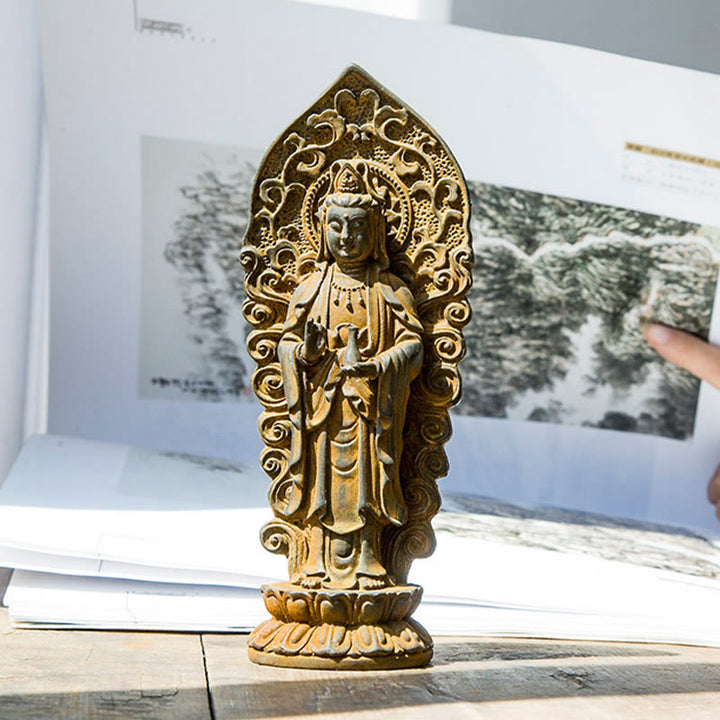 Buddha Stones Handmade Amitabha Guanyin Avalokitesvara Mahasthamaprapta Iron Powder Rust Cast Resin Statue Decoration - image 15
