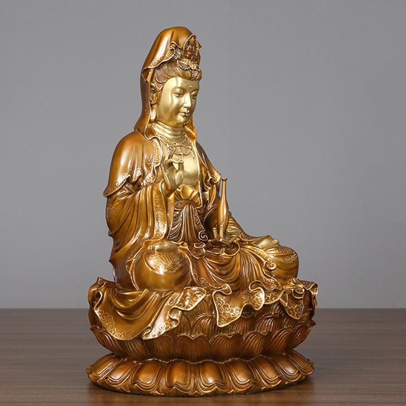 Buddha Stones Kwan Yin Avalokitesvara Lotus Sitting Harmony Brass Copper Statue Home Altar Decoration - image 1
