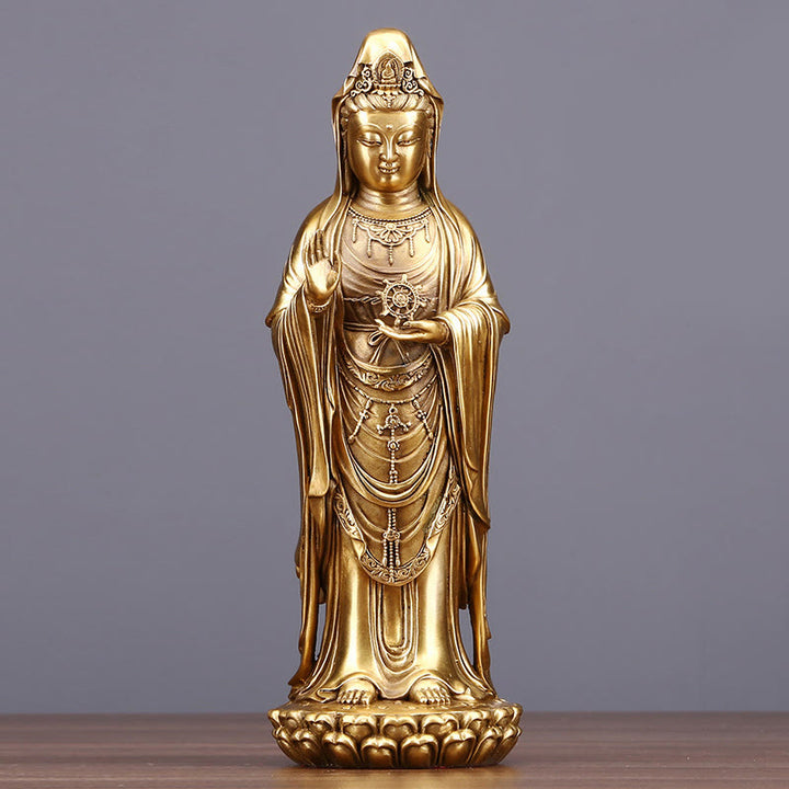 Buddha Stones Kwan Yin Avalokitesvara Holding The Dharma Wheel Wealth Brass Copper Statue Decoration - Avalokitesvara 11*27.5cm - image 2