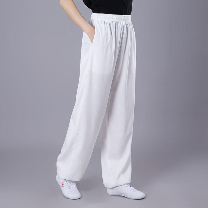 Buddha Stones Summer Unisex Elastic Waist Tai Chi Qigong Practice Breathable Cotton Linen Pants With Pockets - White - 3XL-FIT FOR US/UK/AU/EU-2XL - image 1