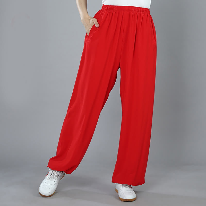 Buddha Stones Summer Unisex Elastic Waist Tai Chi Kung Fu Qigong Practice Cotton Breathable Pants With Pockets - Red - 3XL-FIT FOR US/UK/AU/EU-2XL - image 14