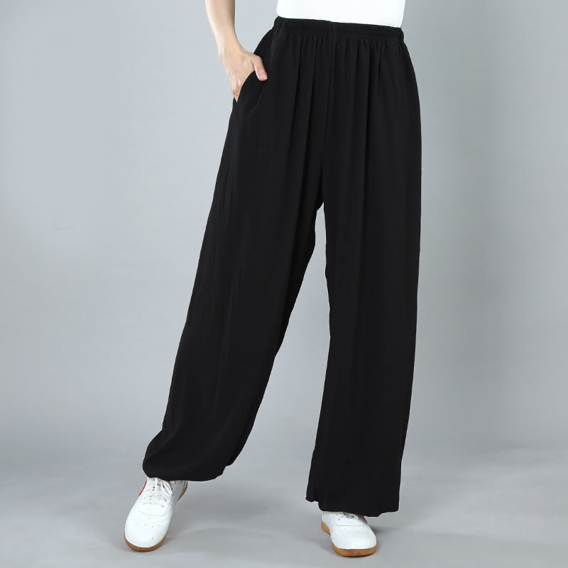 Buddha Stones Summer Unisex Elastic Waist Tai Chi Kung Fu Qigong Practice Breathable Pants With Pockets - Black - 3XL-FIT FOR US/UK/AU/EU-2XL - image 2