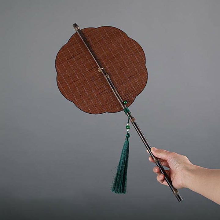 Buddha Stones Chinese Style Handmade Bamboo Long Handle Portable Curlable Fan - Brown - Plum Blossom Style 23*50cm - image 0