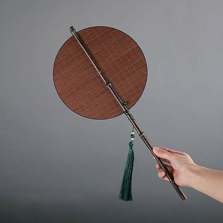 Buddha Stones Chinese Style Handmade Bamboo Long Handle Portable Curlable Fan - Brown - Round Style 23*50cm - image 8