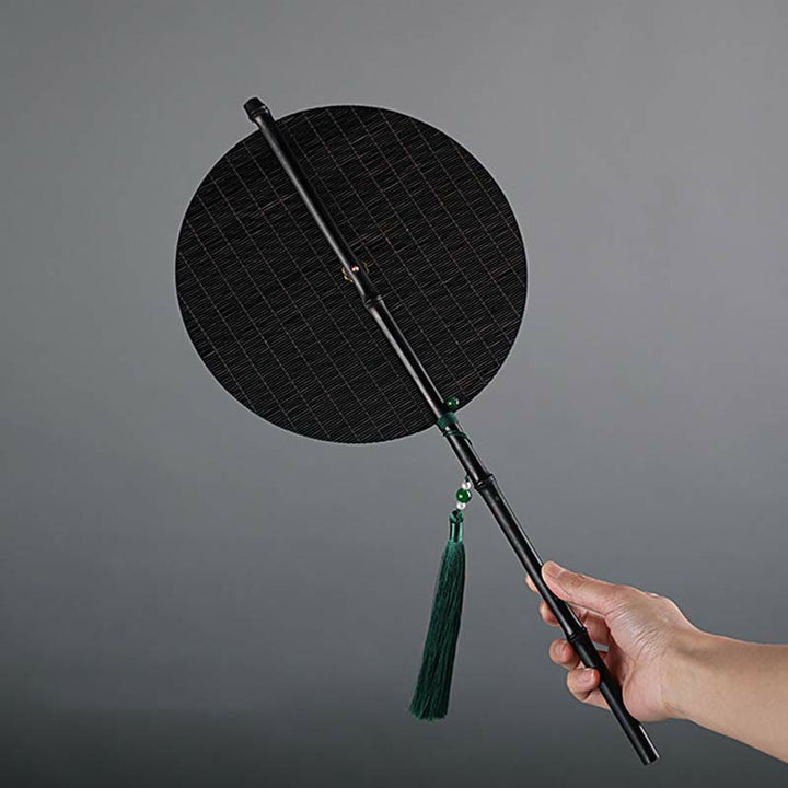 Buddha Stones Chinese Style Handmade Bamboo Long Handle Portable Curlable Fan - Black - Round Style 23*50cm - image 11