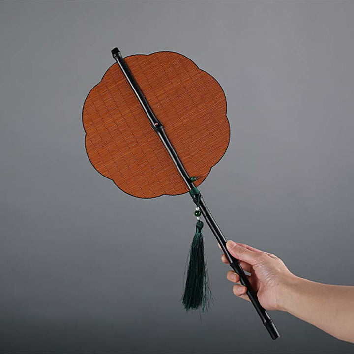 Buddha Stones Chinese Style Handmade Bamboo Long Handle Portable Curlable Fan - SandyBrown - Plum Blossom Style 23*50cm - image 13