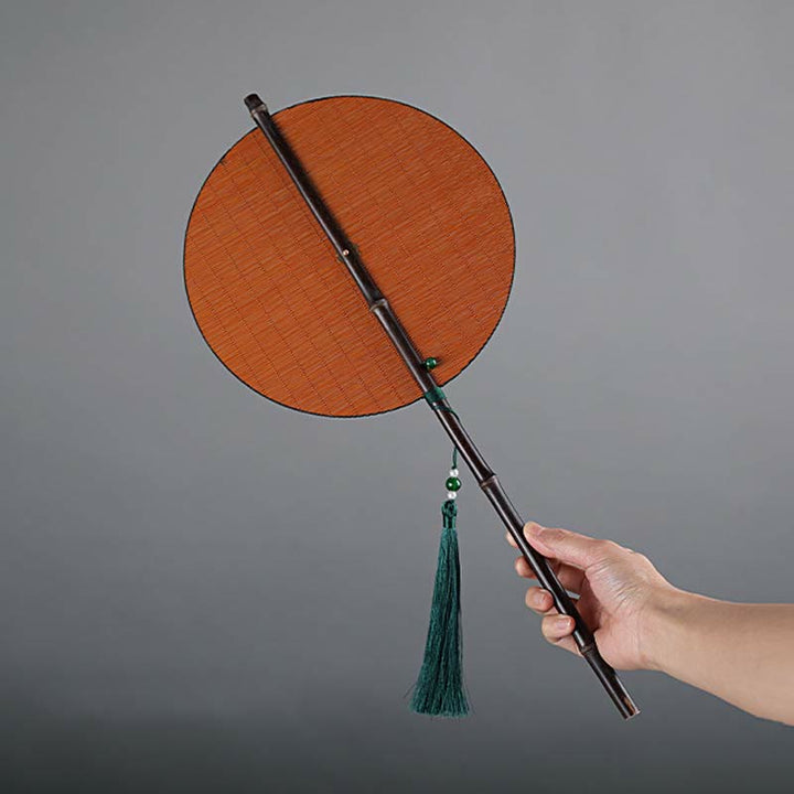 Buddha Stones Chinese Style Handmade Bamboo Long Handle Portable Curlable Fan - SandyBrown - Round Style 23*50cm - image 14