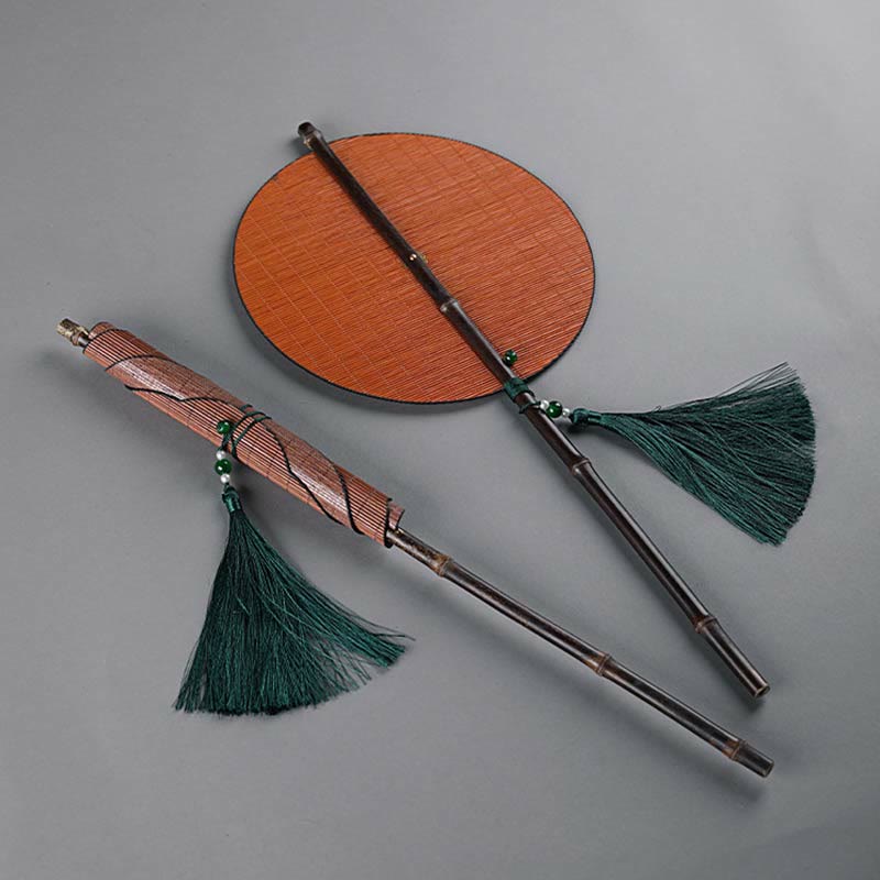 Buddha Stones Chinese Style Handmade Bamboo Long Handle Portable Curlable Fan - image 15