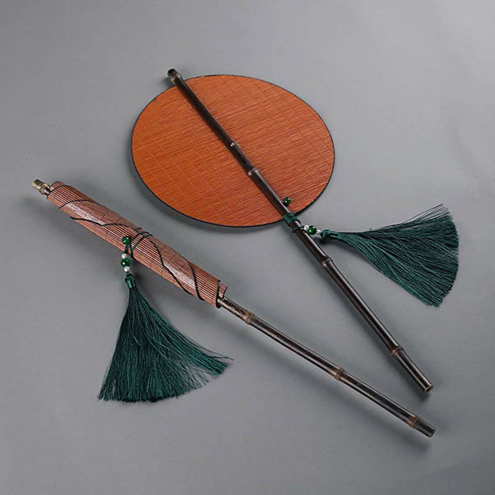 Buddha Stones Chinese Style Handmade Bamboo Long Handle Portable Curlable Fan - image 15