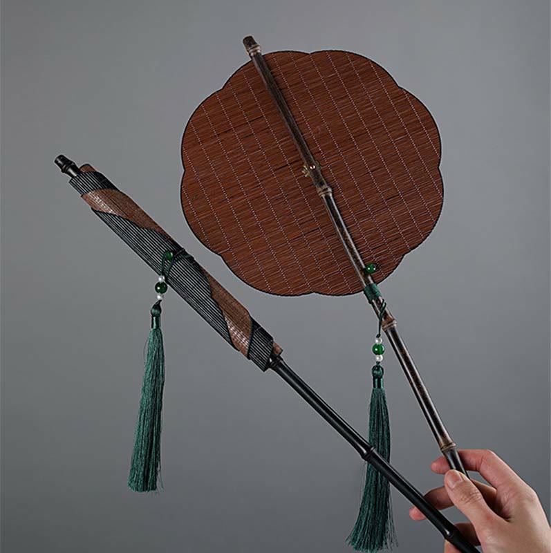 Buddha Stones Chinese Style Handmade Bamboo Long Handle Portable Curlable Fan - image 1
