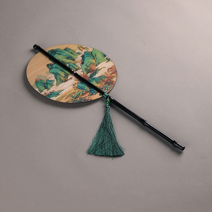 Buddha Stones Handmade Bamboo Thousand Miles of Rivers and Mountains Long Handle Portable Curlable Fan - Purple Bamboo - Round Style 23*50cm - image 7