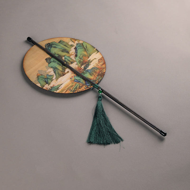 Buddha Stones Handmade Bamboo Thousand Miles of Rivers and Mountains Long Handle Portable Curlable Fan - Original Bamboo - Round Style 23*50cm - image 17