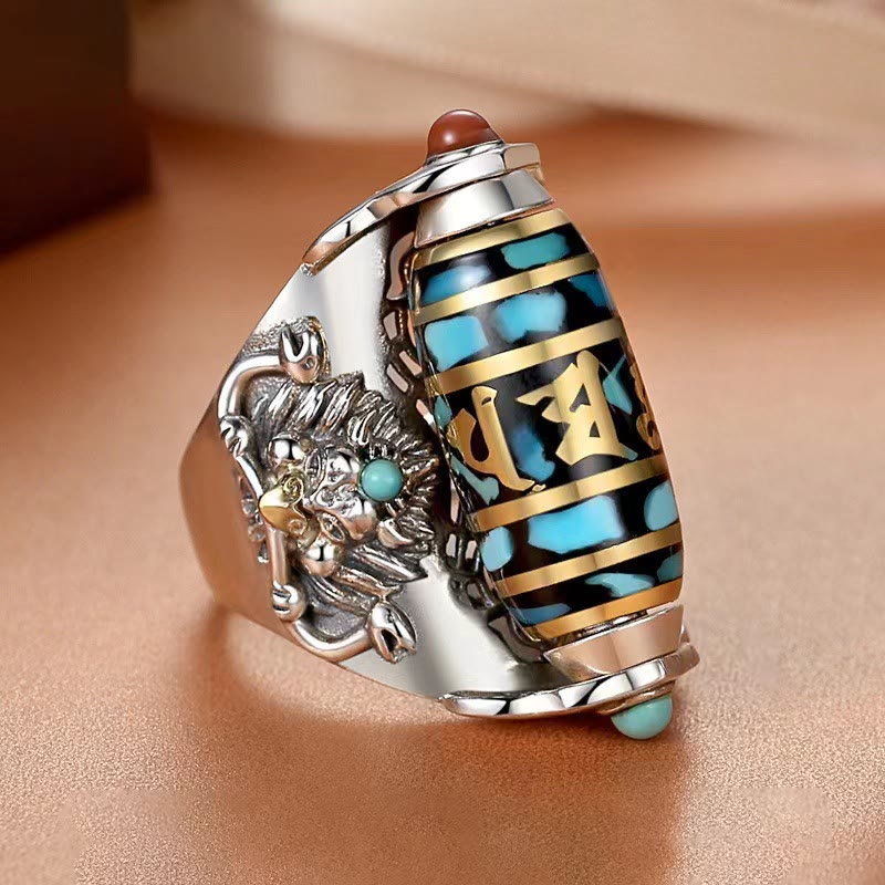 Buddha Stones Tibetan Om Mani Padme Hum Garuda Dzi Bead Pattern Peace Rotatable Ring - image 2