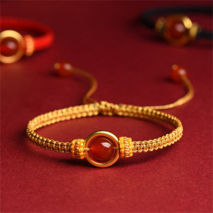 Buddha Stones Red Agate Bead Peace Buckle Calm Rope Bracelet - Golden Rope(Wrist Circumference 14-18cm) - image 8