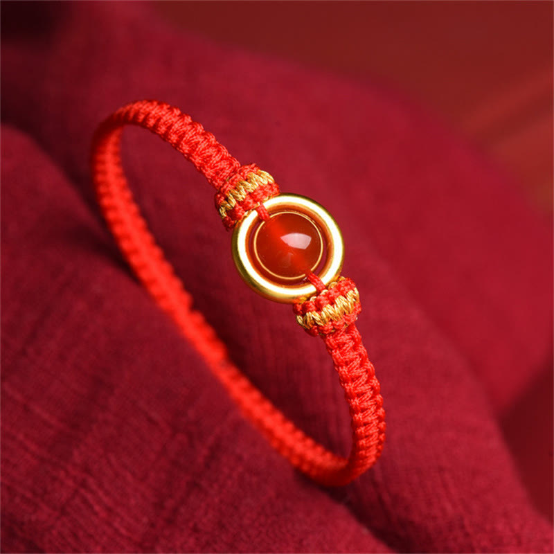 Buddha Stones Red Agate Bead Peace Buckle Calm Rope Bracelet - Red Rope(Wrist Circumference 14-18cm) - image 0