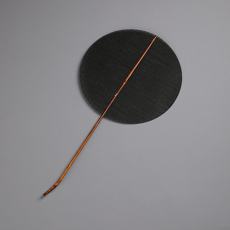 Buddha Stones Chinese Style Handmade Round Shaped Bamboo Long Handle Fan - Black 25*47cm - image 1