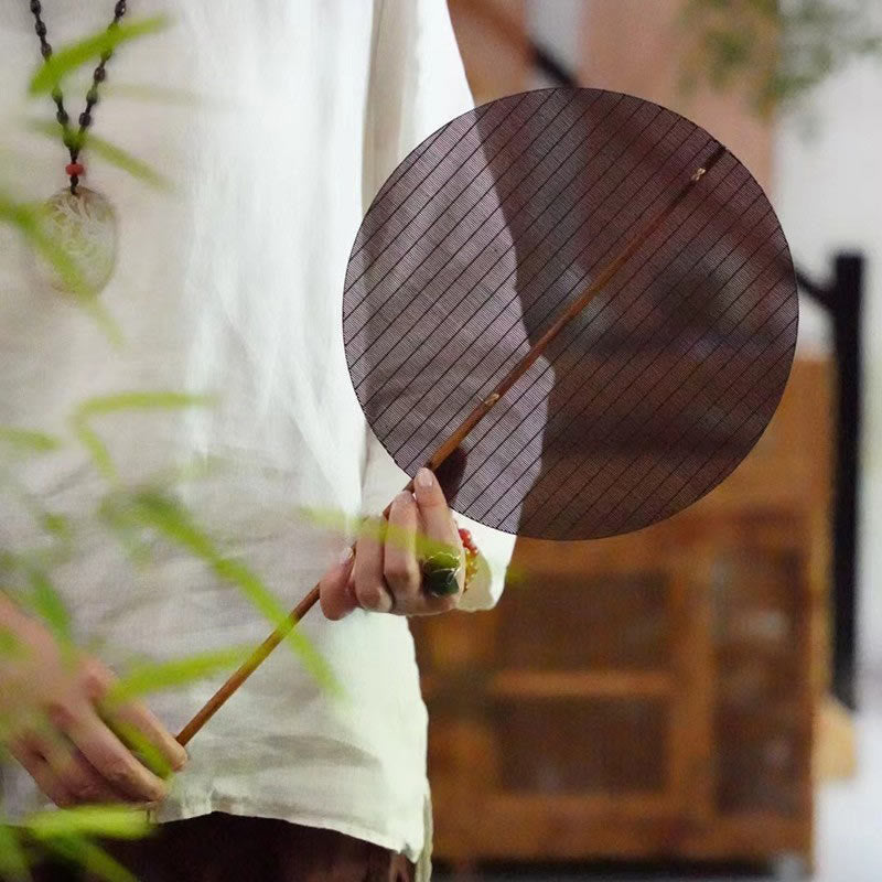 Buddha Stones Chinese Style Handmade Round Shaped Bamboo Long Handle Fan - image 0