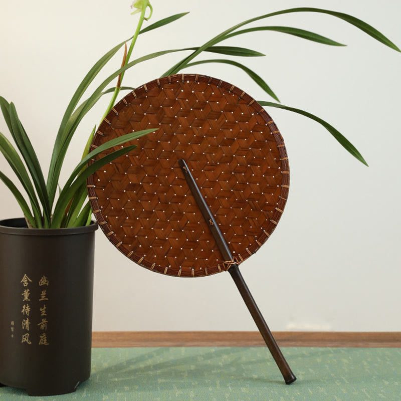 Buddha Stones Vintage Chinese Style Handmade Round Octagonal Shaped Bamboo Long Handle Fan - Round 23*37.5cm - image 0