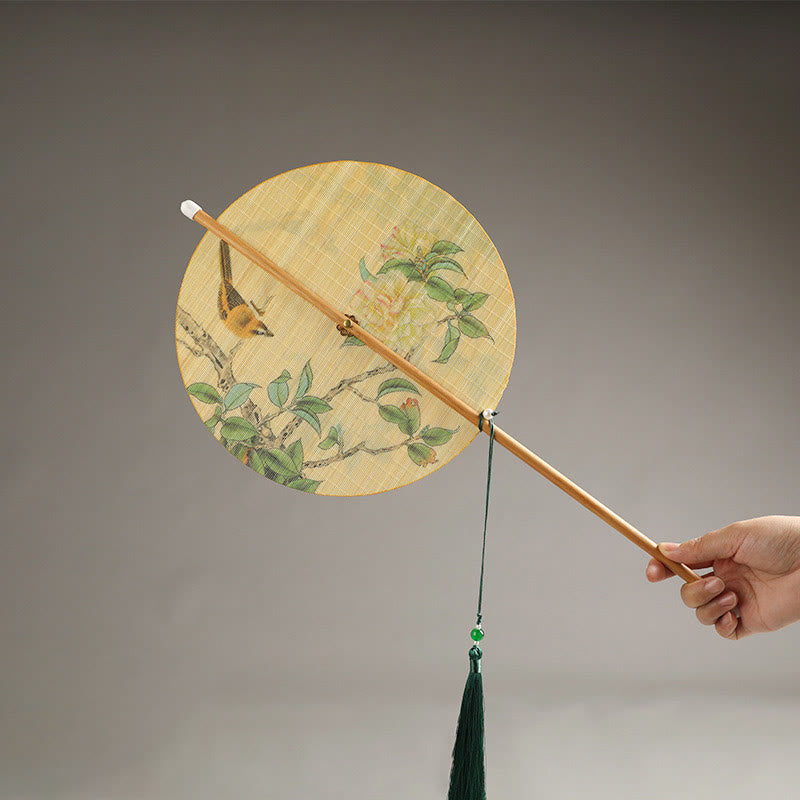 Buddha Stones Handmade Birds Flowers Persimmons Fruit Koi Fish Lotus Bamboo Long Handle Portable Curlable Fan - Birds Flowers 24*50cm - image 0