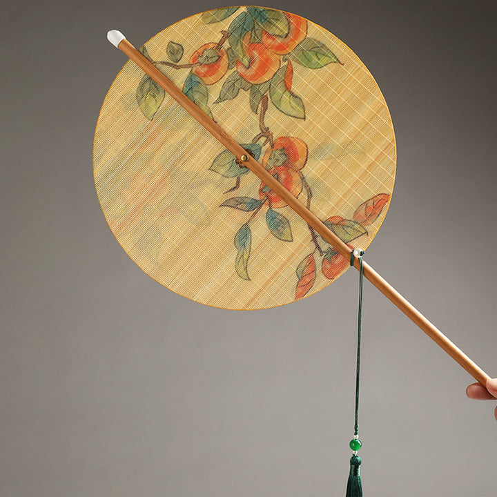 Buddha Stones Handmade Birds Flowers Persimmons Fruit Koi Fish Lotus Bamboo Long Handle Portable Curlable Fan - image 5