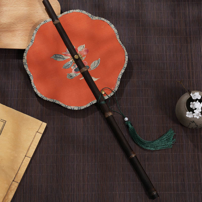 Buddha Stones Handmade Cherry Bamboo Leaf Grape Pattern Long Purple Bamboo Handle Portable Curlable Fan - Red Cherry 21*50cm - image 0