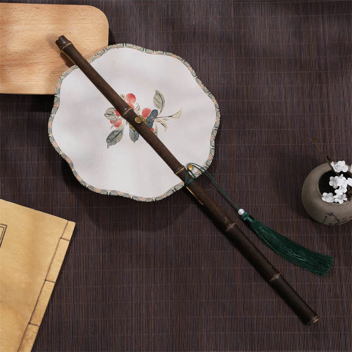 Buddha Stones Handmade Cherry Bamboo Leaf Grape Pattern Long Purple Bamboo Handle Portable Curlable Fan - White Cherry 21*50cm - image 3