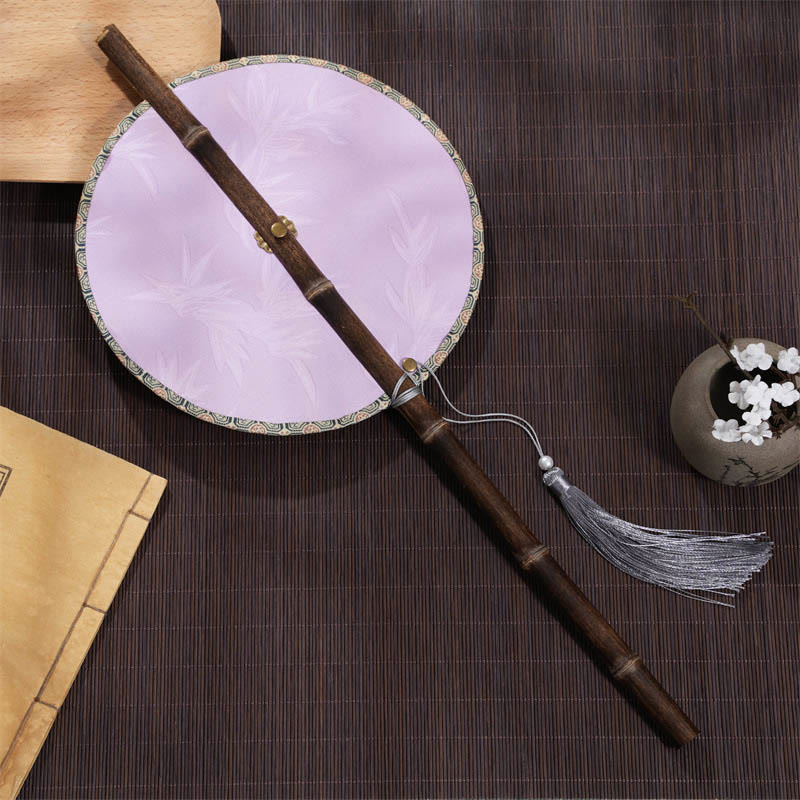 Buddha Stones Handmade Cherry Bamboo Leaf Grape Pattern Long Purple Bamboo Handle Portable Curlable Fan - Purple Bamboo Leaf 21*50cm - image 6
