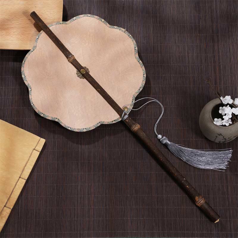 Buddha Stones Handmade Cherry Bamboo Leaf Grape Pattern Long Purple Bamboo Handle Portable Curlable Fan - Pink Grape 21*50cm - image 9