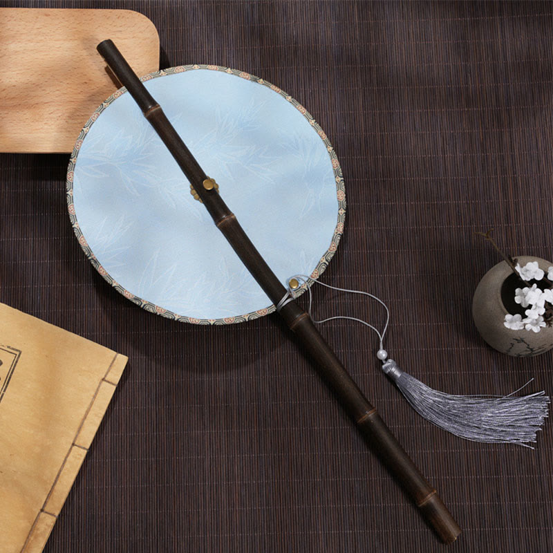 Buddha Stones Handmade Cherry Bamboo Leaf Grape Pattern Long Purple Bamboo Handle Portable Curlable Fan - Blue Bamboo Leaf 21*50cm - image 5