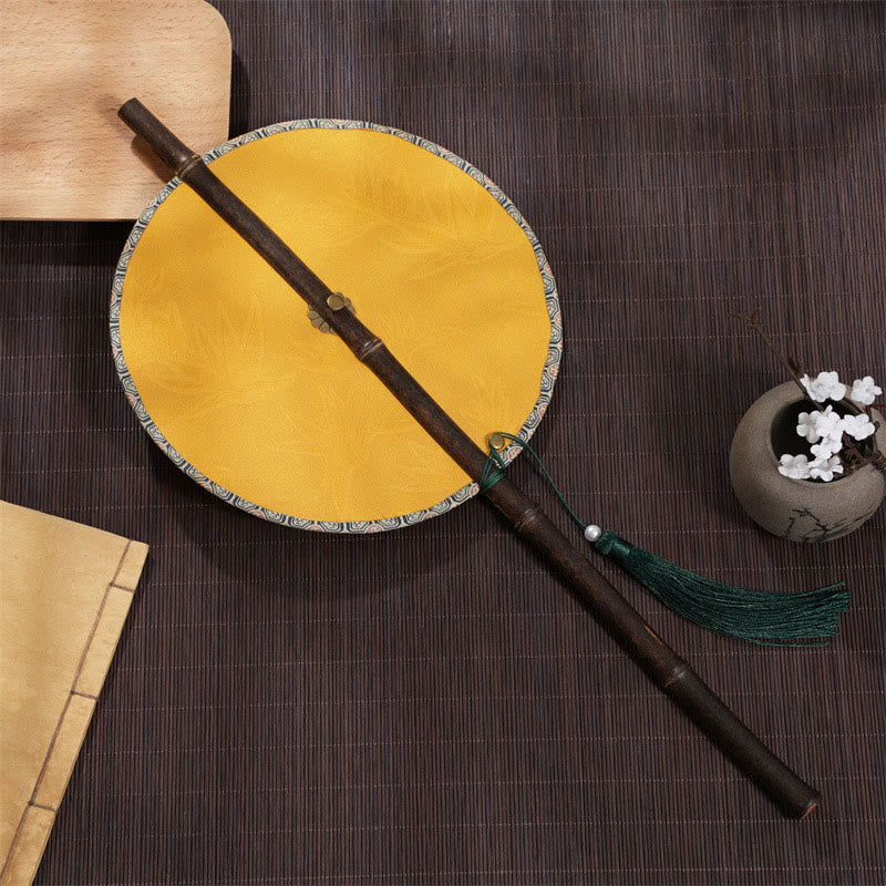 Buddha Stones Handmade Cherry Bamboo Leaf Grape Pattern Long Purple Bamboo Handle Portable Curlable Fan - Yellow Bamboo Leaf 21*50cm - image 7