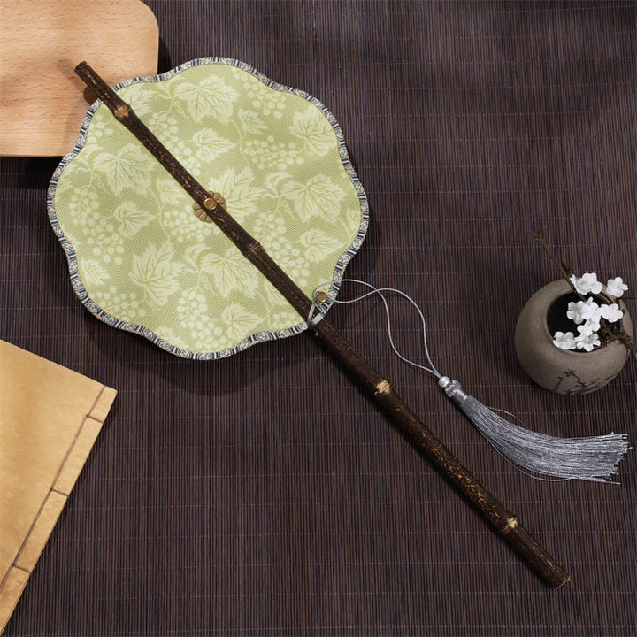 Buddha Stones Handmade Cherry Bamboo Leaf Grape Pattern Long Purple Bamboo Handle Portable Curlable Fan - Green Grape 21*50cm - image 8