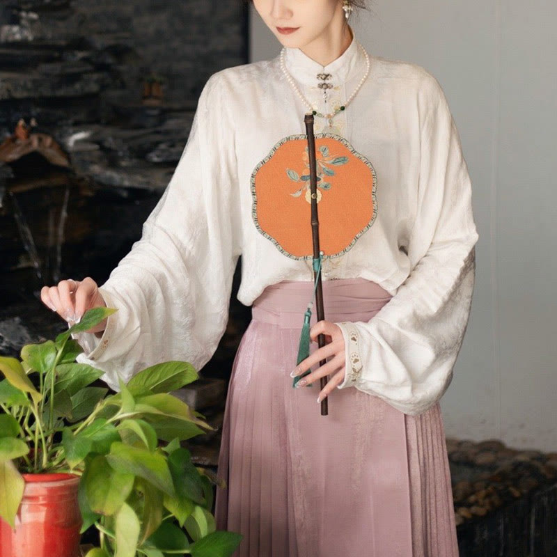 Buddha Stones Handmade Cherry Bamboo Leaf Grape Pattern Long Purple Bamboo Handle Portable Curlable Fan - image 2