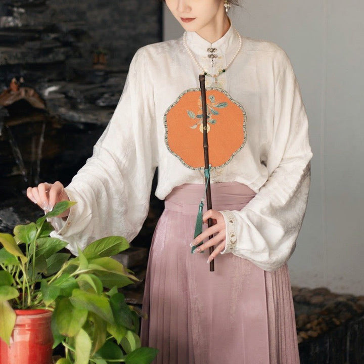 Buddha Stones Handmade Cherry Bamboo Leaf Grape Pattern Long Purple Bamboo Handle Portable Curlable Fan - image 2
