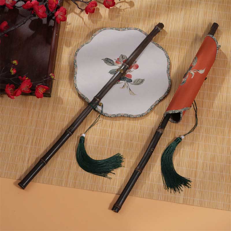 Buddha Stones Handmade Cherry Bamboo Leaf Grape Pattern Long Purple Bamboo Handle Portable Curlable Fan - image 1