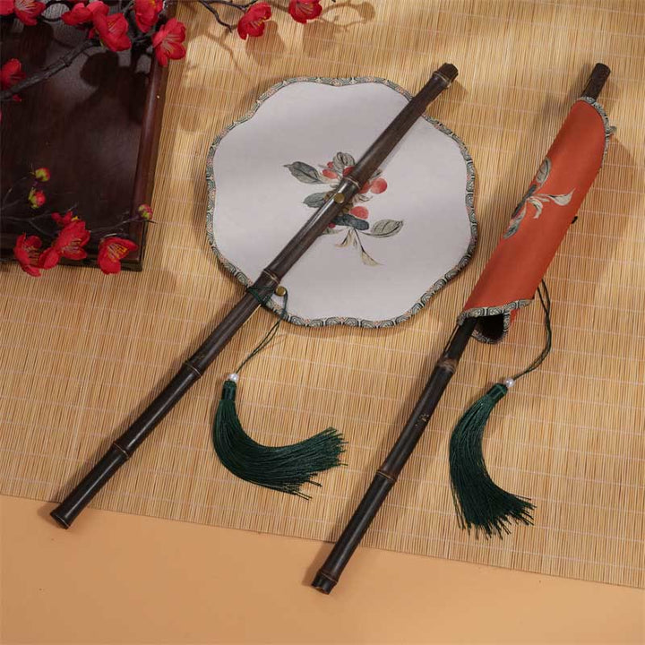 Buddha Stones Handmade Cherry Bamboo Leaf Grape Pattern Long Purple Bamboo Handle Portable Curlable Fan - image 1
