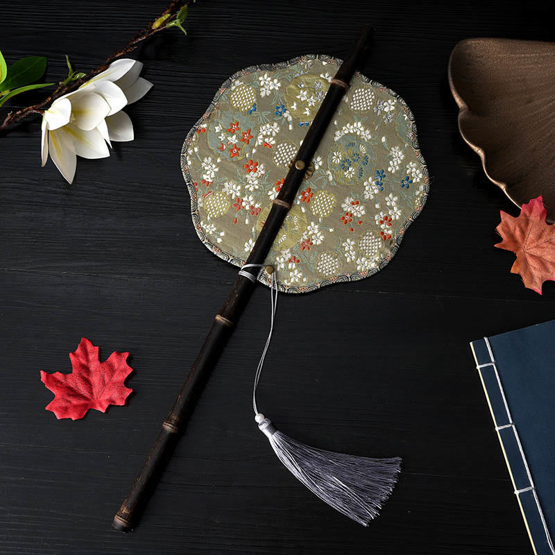 Buddha Stones Handmade Flowers Peach Loquat Bird Crane Butterfly Pattern Long Purple Bamboo Handle Portable Curlable Fan - Small Flowers 22*50cm - image 0