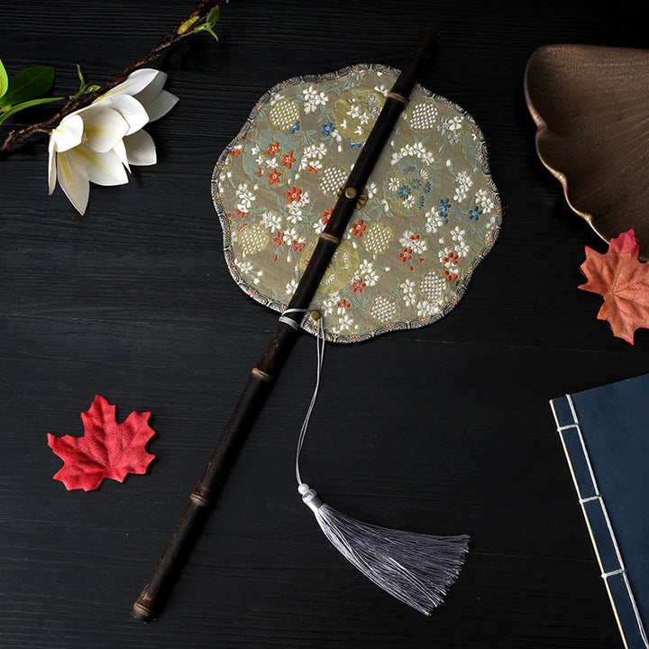 Buddha Stones Handmade Flowers Peach Loquat Bird Crane Butterfly Pattern Long Purple Bamboo Handle Portable Curlable Fan - Small Flowers 22*50cm - image 0