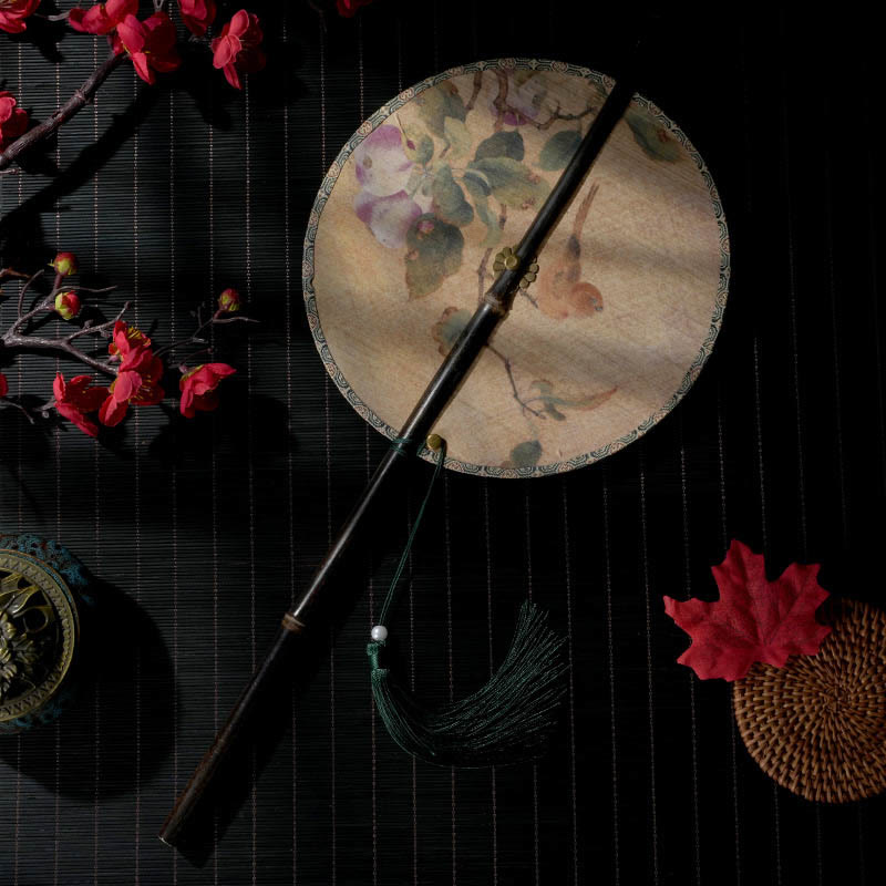 Buddha Stones Handmade Flowers Peach Loquat Bird Crane Butterfly Pattern Long Purple Bamboo Handle Portable Curlable Fan - Peach Bird 22*50cm - image 1