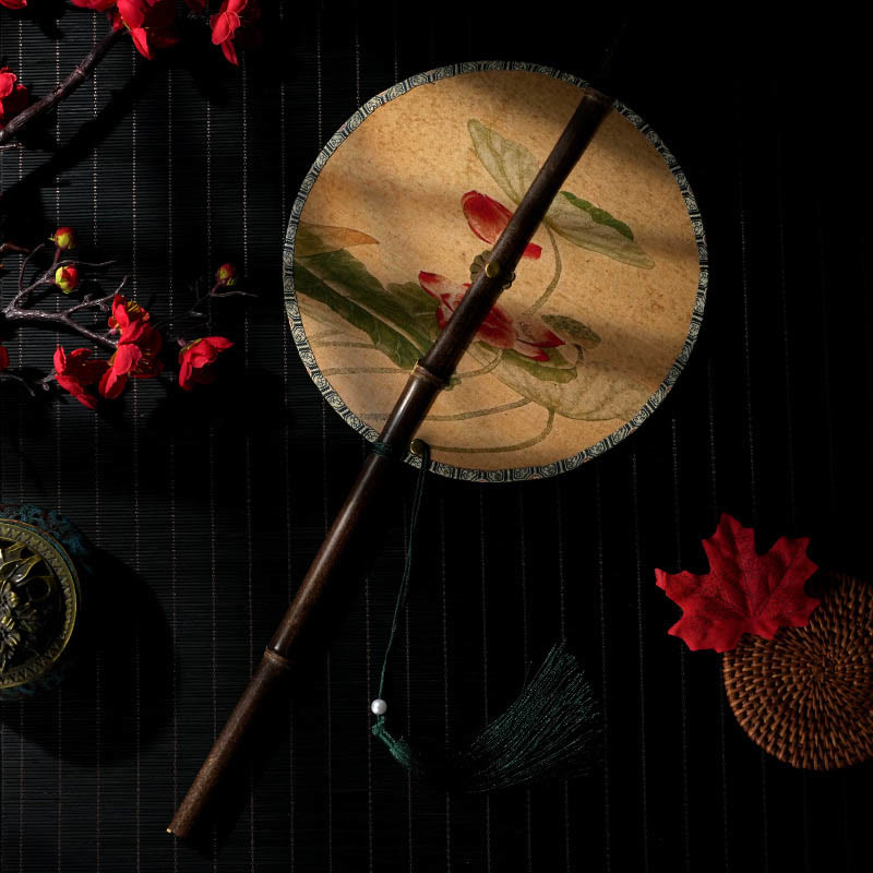 Buddha Stones Handmade Flowers Peach Loquat Bird Crane Butterfly Pattern Long Purple Bamboo Handle Portable Curlable Fan - Lotus Leaf 22*50cm - image 3