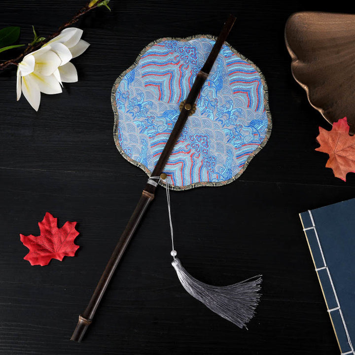 Buddha Stones Handmade Flowers Peach Loquat Bird Crane Butterfly Pattern Long Purple Bamboo Handle Portable Curlable Fan - River Blue Waves 22*50cm - image 5