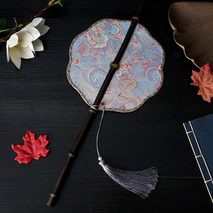 Buddha Stones Handmade Flowers Peach Loquat Bird Crane Butterfly Pattern Long Purple Bamboo Handle Portable Curlable Fan - Blue Flower 22*50cm - image 6