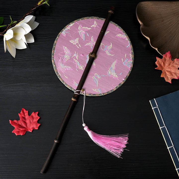 Buddha Stones Handmade Flowers Peach Loquat Bird Crane Butterfly Pattern Long Purple Bamboo Handle Portable Curlable Fan - Pink Flying Butterfly 22*50cm - image 7