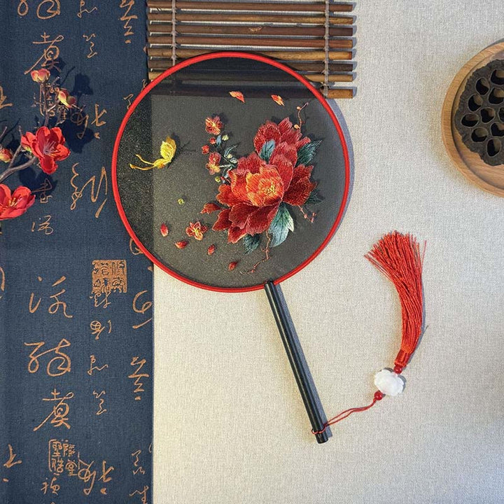 Buddha Stones Peony Flowers Butterfly Embroidered Handheld Wood Handle Fan - Peony Butterfly 21*15cm - image 0