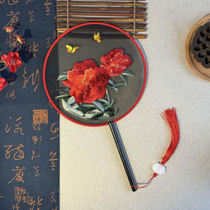 Buddha Stones Peony Flowers Butterfly Embroidered Handheld Wood Handle Fan - Two Peonies Butterfly 21*15cm - image 1