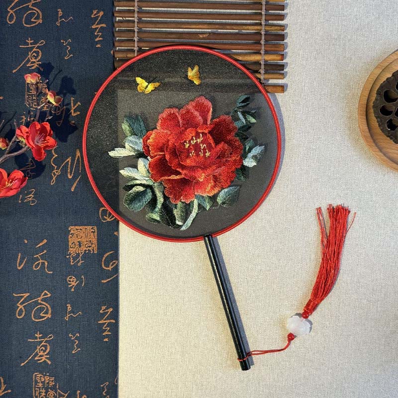Buddha Stones Peony Flowers Butterfly Embroidered Handheld Wood Handle Fan - One Peony Butterfly 21*15cm - image 2