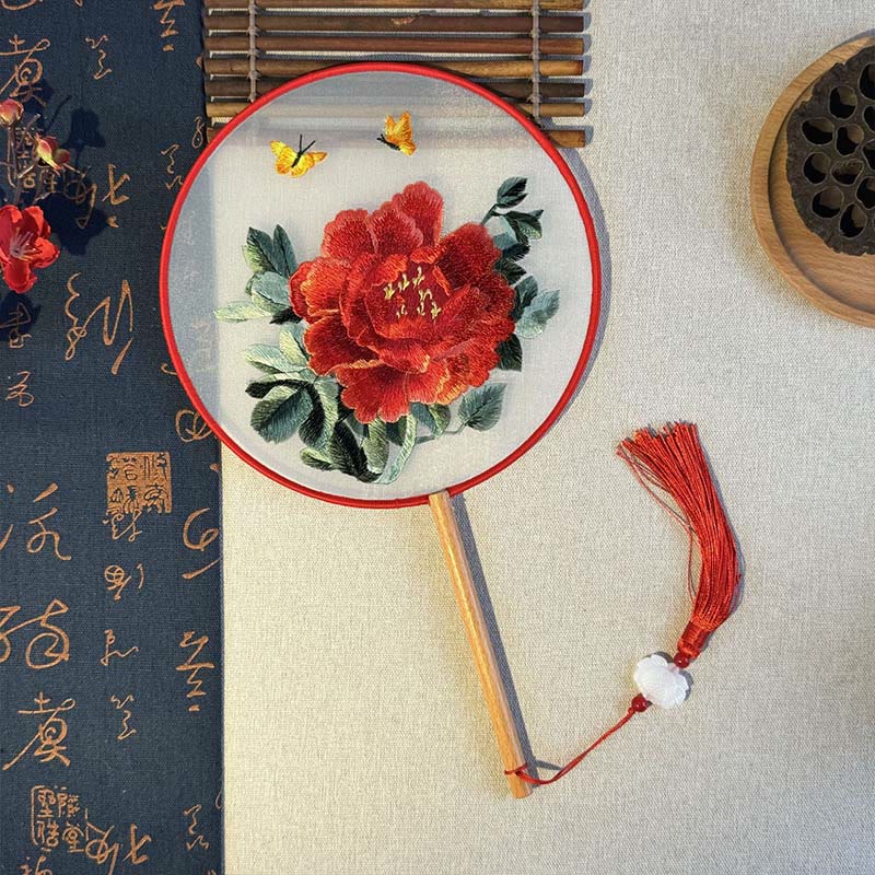 Buddha Stones Peony Flowers Butterfly Embroidered Handheld Wood Handle Fan - White Peony Butterfly 21*15cm - image 3