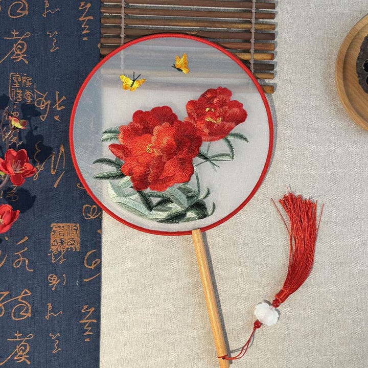 Buddha Stones Peony Flowers Butterfly Embroidered Handheld Wood Handle Fan - White Two Peonies Butterfly 21*15cm - image 4